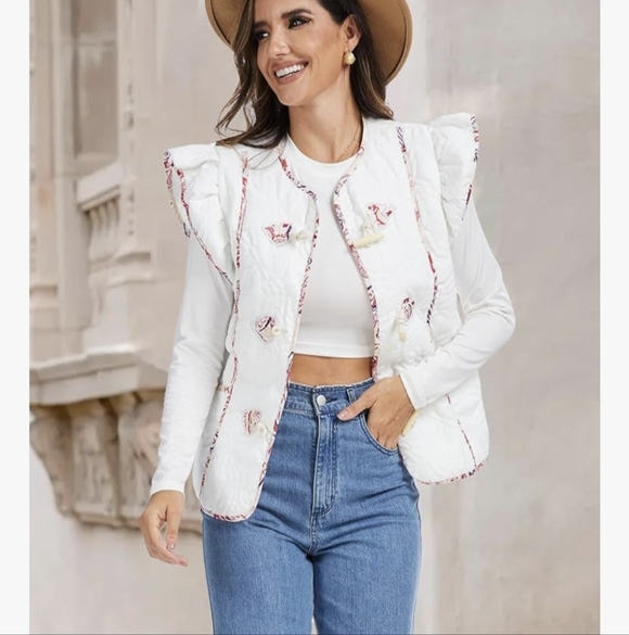 Jackets & Blazers - Women's Ruffle Sleeve Floral Quilted Vest